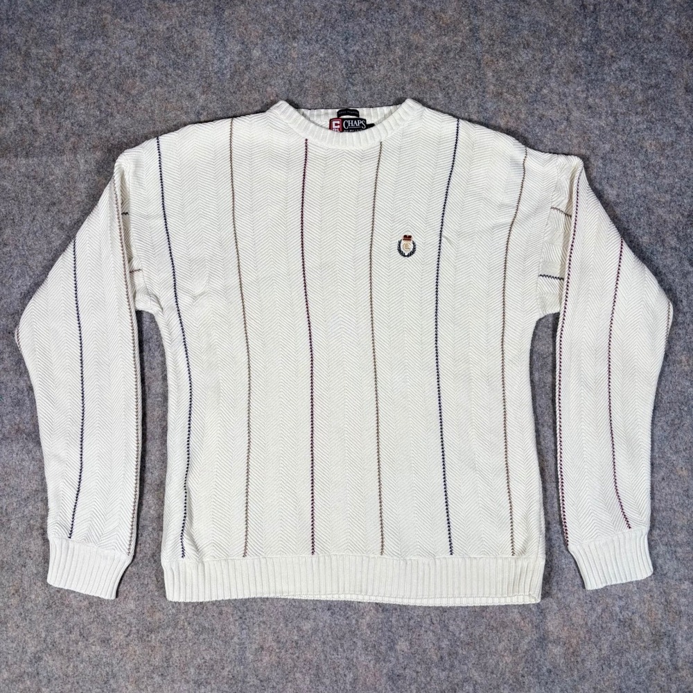 Chaps Ralph Lauren Sweater Mens Large White Pinstripe Herringbone Knit 76080
